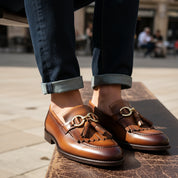 Men's Tan Leather Fringe Buckle Moccasins - model-casual-setting