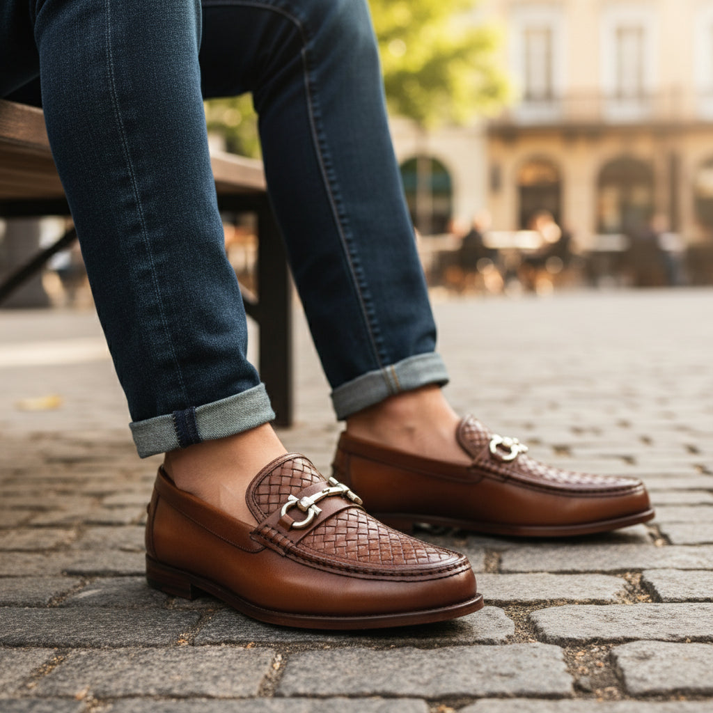 Men's Tan Leather Loafers - model-casual-setting