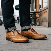 model-casual-setting - Men's Tan Leather Wingtip Dress Shoes