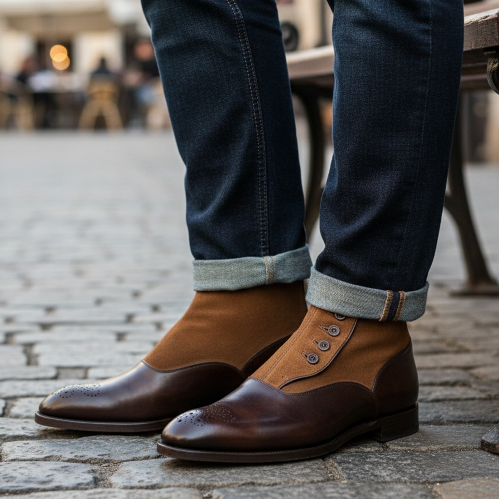 Men's Tan Suede and Brown Leather Button Boots - model-casual-setting