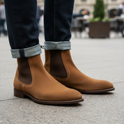 Men's Tan Suede Chelsea Boots - model-casual-setting