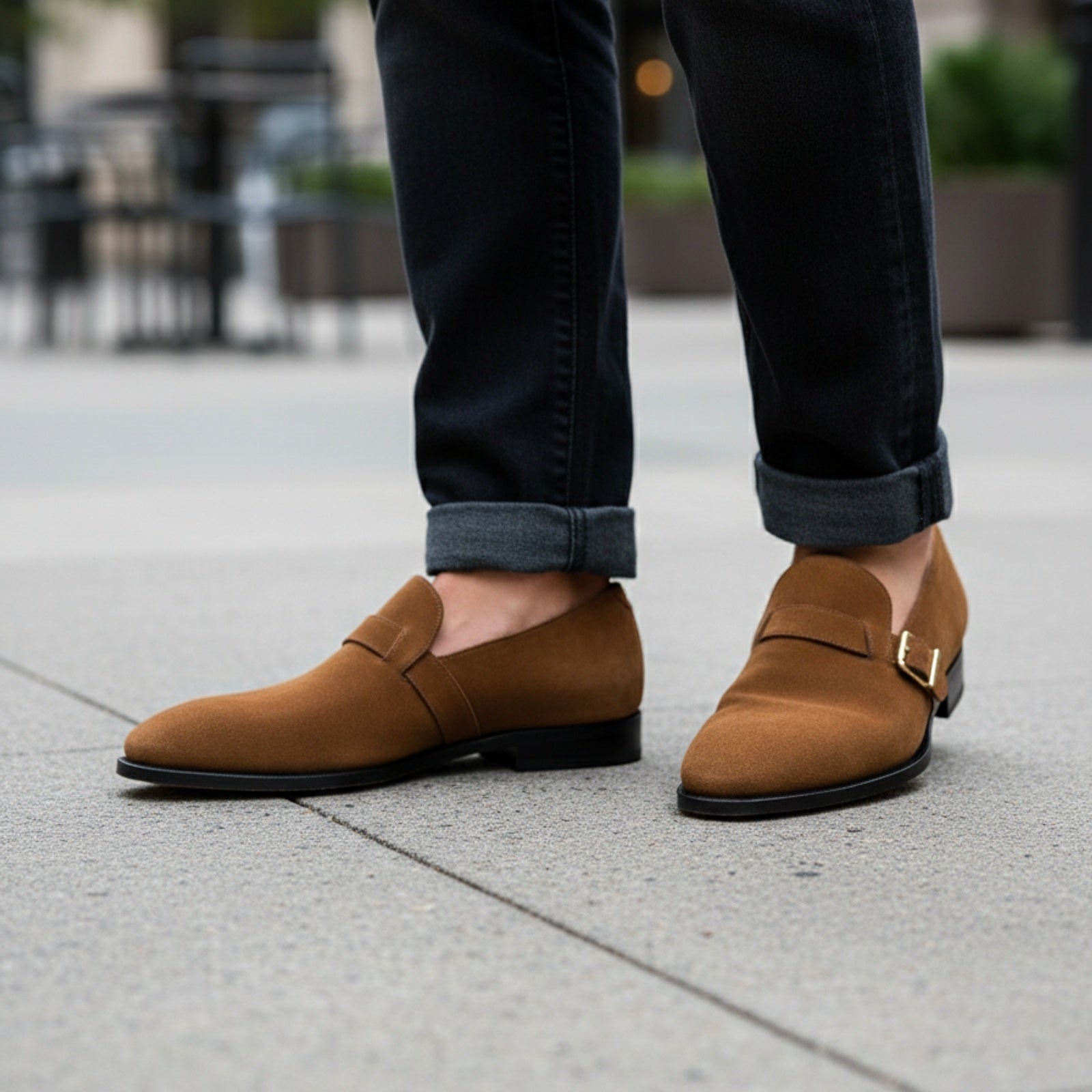model-casual-setting - Men's Tan Suede Monk Strap Shoes