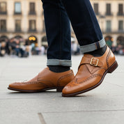 Men's Tan Wing Tip Brogue Monk Leather Shoes - model-casual-setting