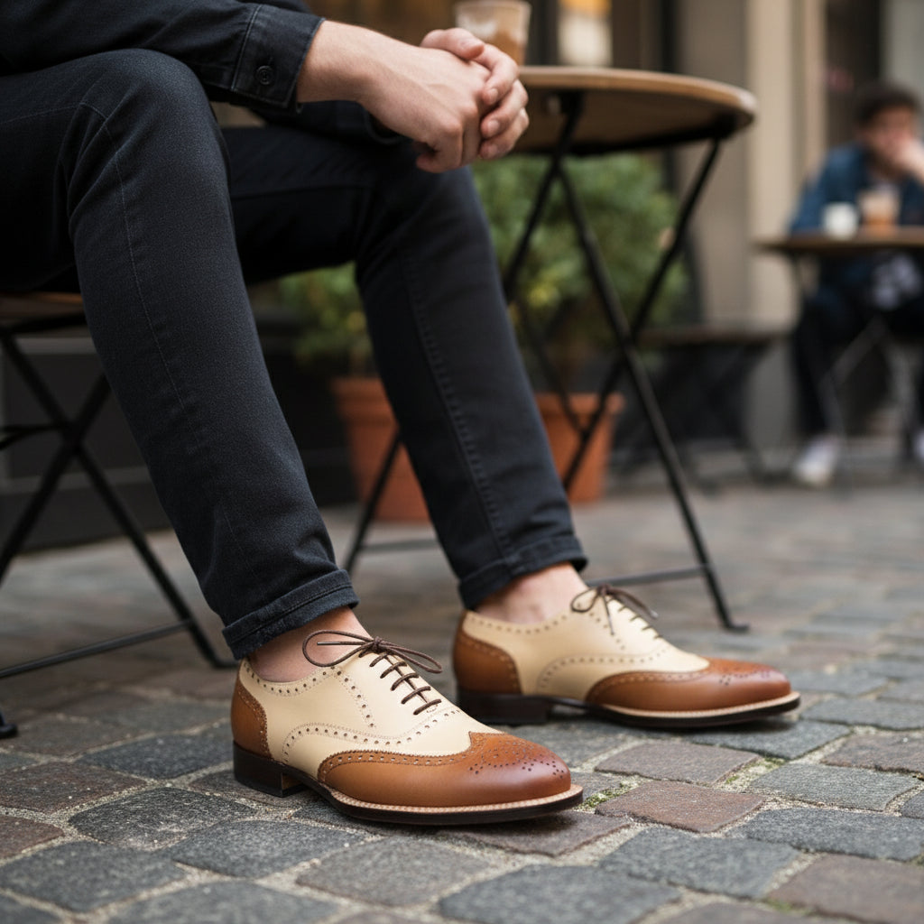 model-casual-setting - Men's Two Tone Calf Leather Wingtip Brogue Dress Shoes