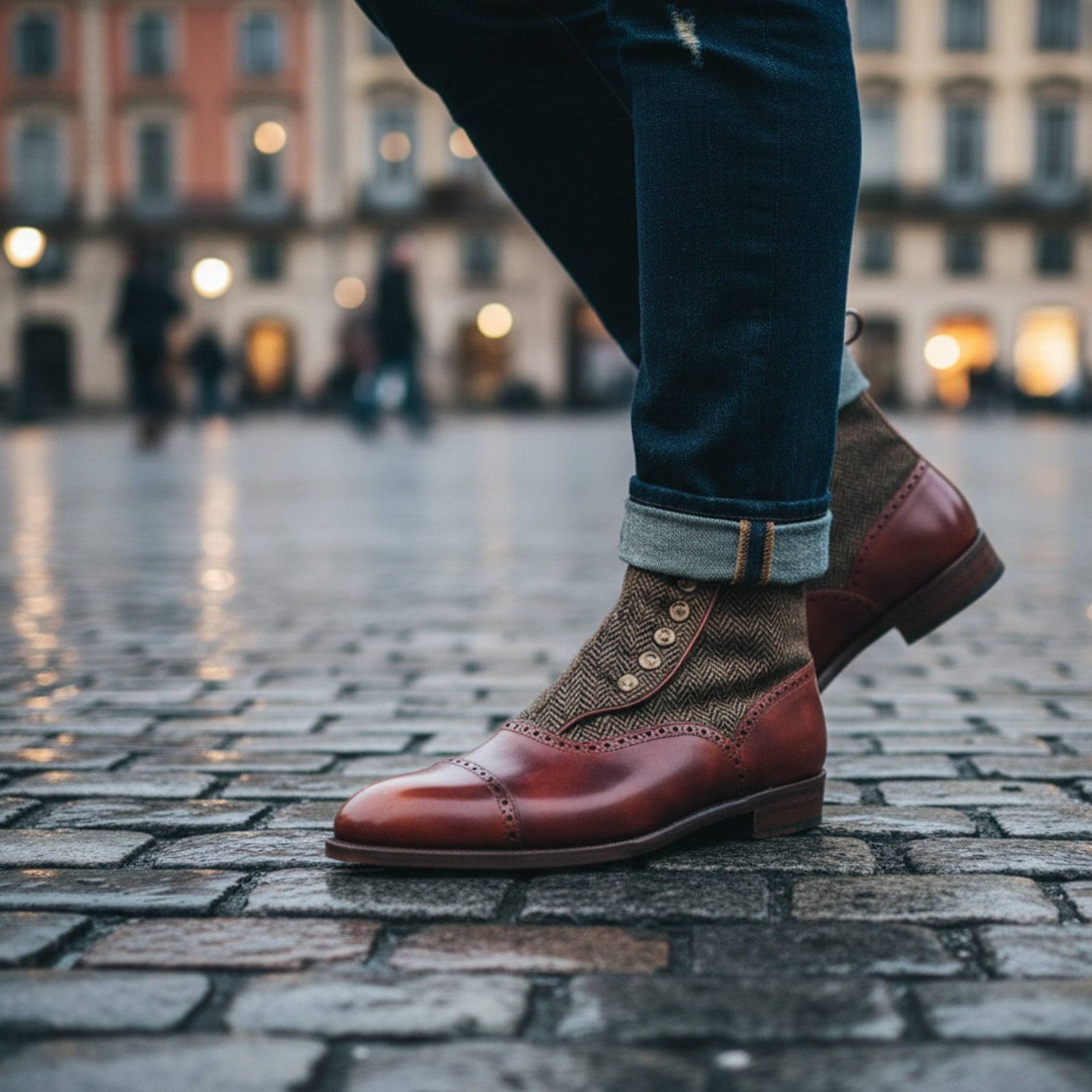 Men's Two-Tone Cap Toe Leather Boots - model-casual-setting