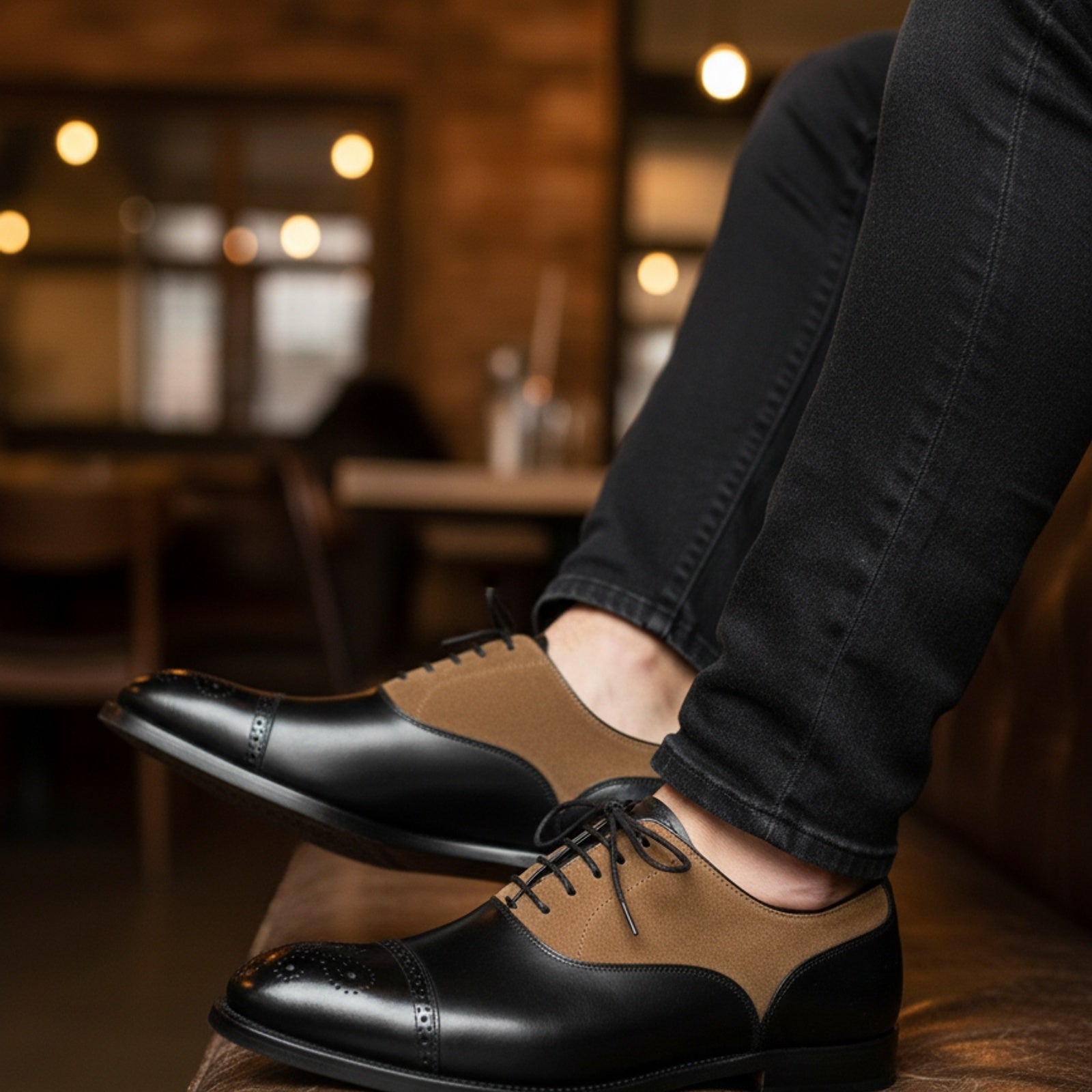 model-casual-setting - Men's Two-Tone Cowhide & Suede Brogue Oxford Dress Shoes