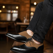 model-casual-setting - Men's Two-Tone Cowhide & Suede Brogue Oxford Dress Shoes