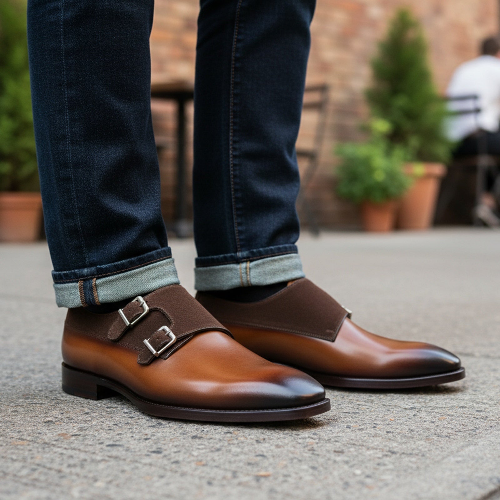 Men's Two Tone Double Monk Leather Shoes - model-casual-setting