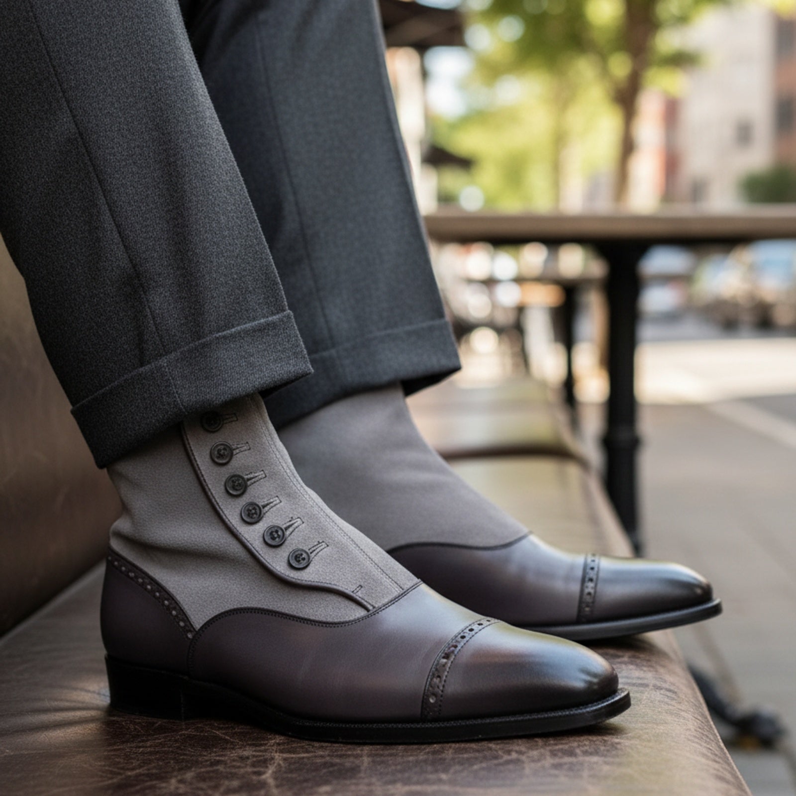 Men's Two-Tone Leather Button Boots - model-casual-setting