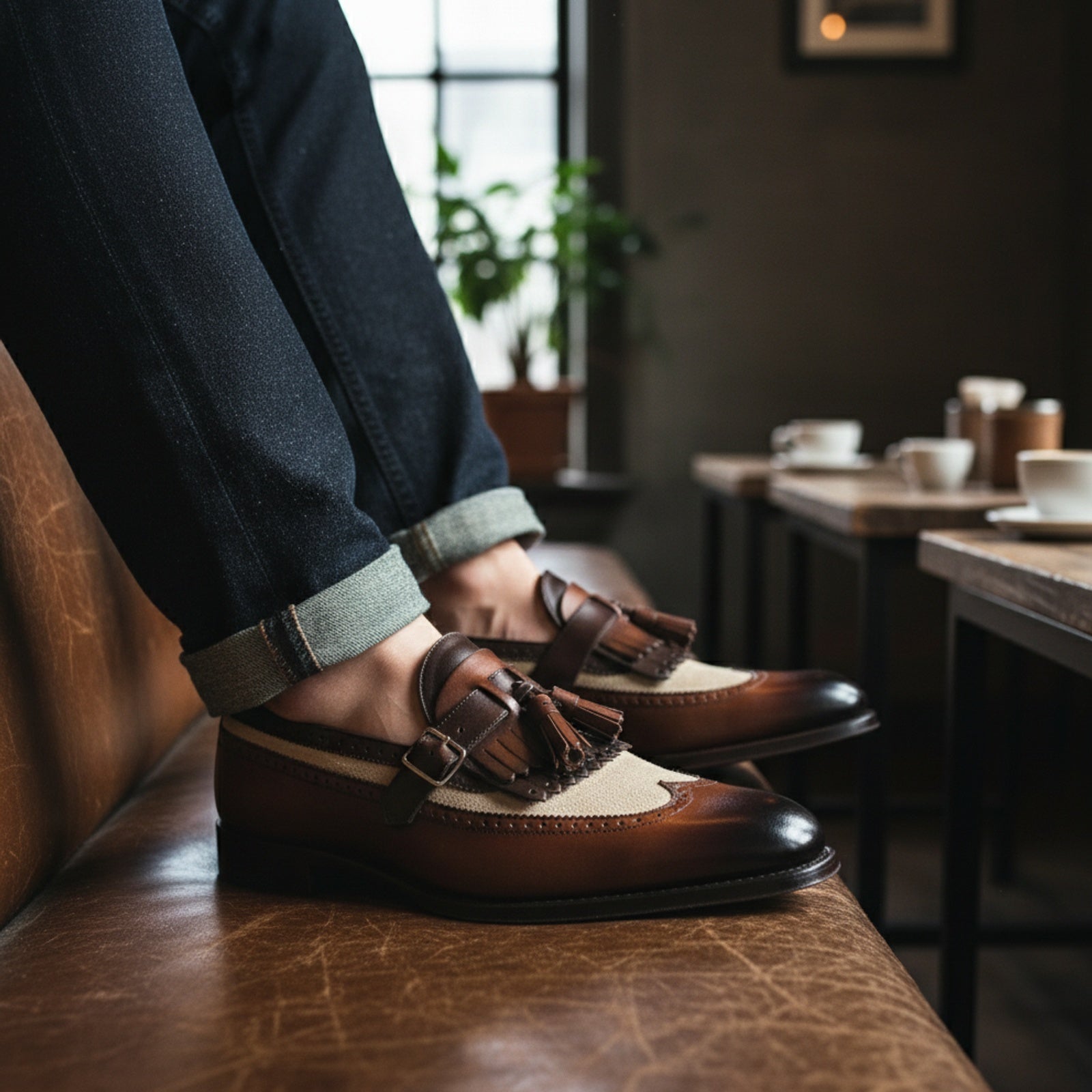 model-casual-setting - Men's Two Tone Leather Fringe Dress Shoes