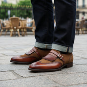 model-casual-setting - Men's Two Tone Leather Fringe Wingtip Dress Shoes
