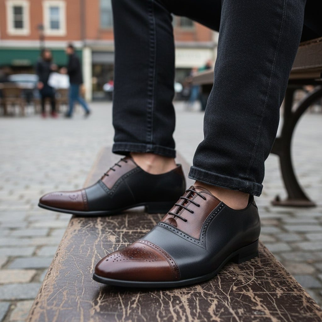 model-casual-setting - Men's Two Tone Leather Oxford Spectator Shoes with Pointed Toe