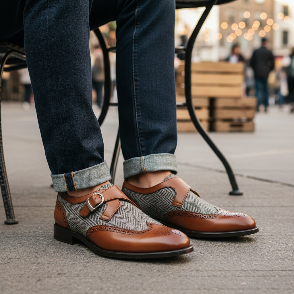 model-casual-setting - Men's Two-Tone Leather Wing Tip Monk Dress Shoes
