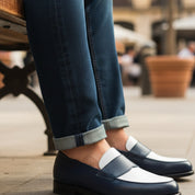 Men's Two-Tone Spectator Leather Dress Shoes in Blue and White - model-casual-setting