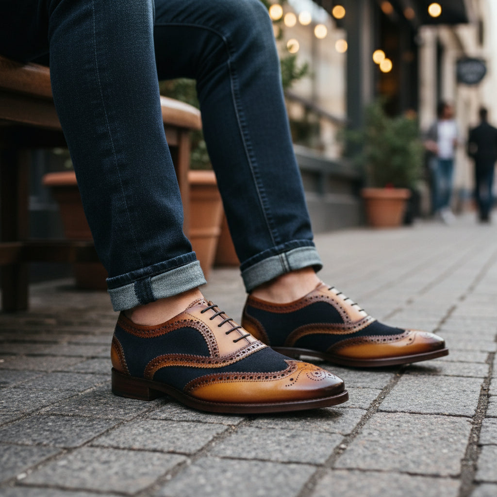 Men's Two-tone Wingtip Brogue Leather Dress Shoes - model-casual-setting
