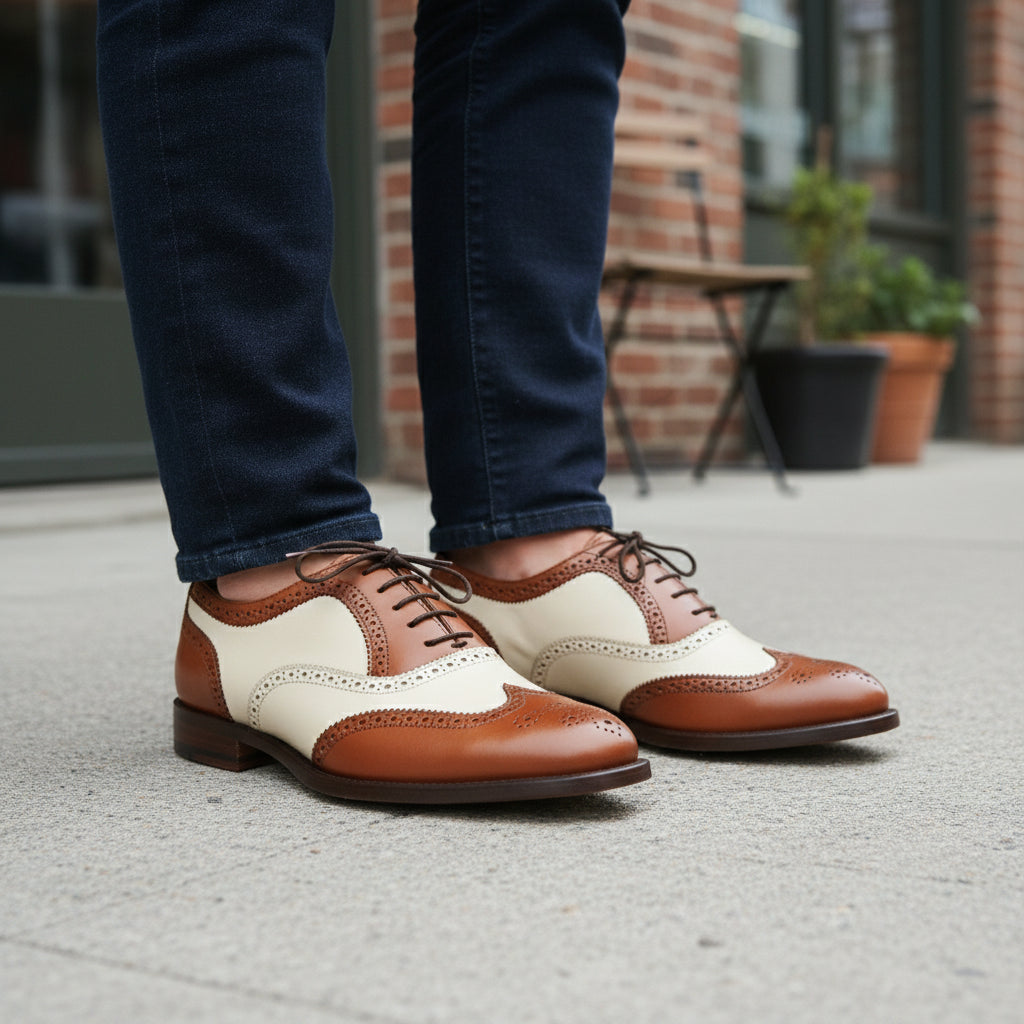Men's Two-Tone Wingtip Brogue Leather Shoes - model-casual-setting