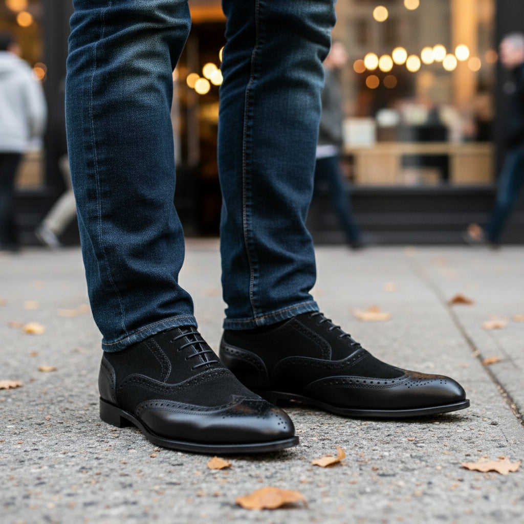 Men's Two-Tone Wingtip Leather Dress Shoes - model-casual-setting