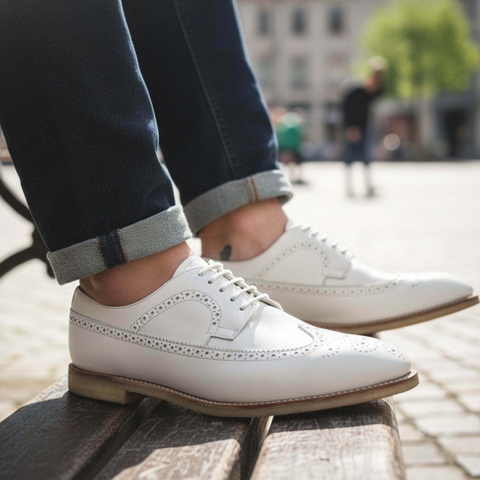Men's White Brogue Leather Dress Shoes - model-casual-setting