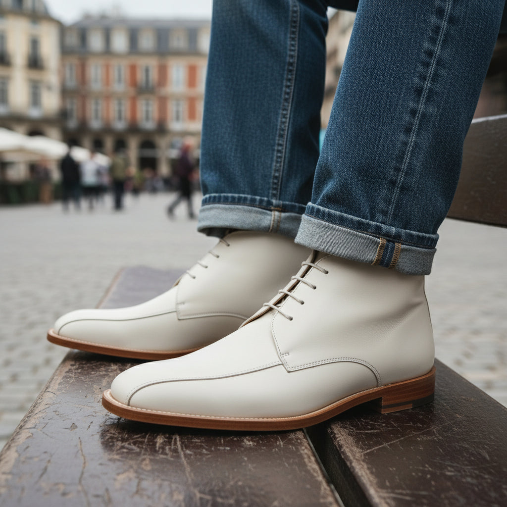 Men's White Leather Chukka Boots with Square Toe - model-casual-setting