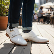 model-casual-setting - Men's White Leather Double Monk Dress Shoes