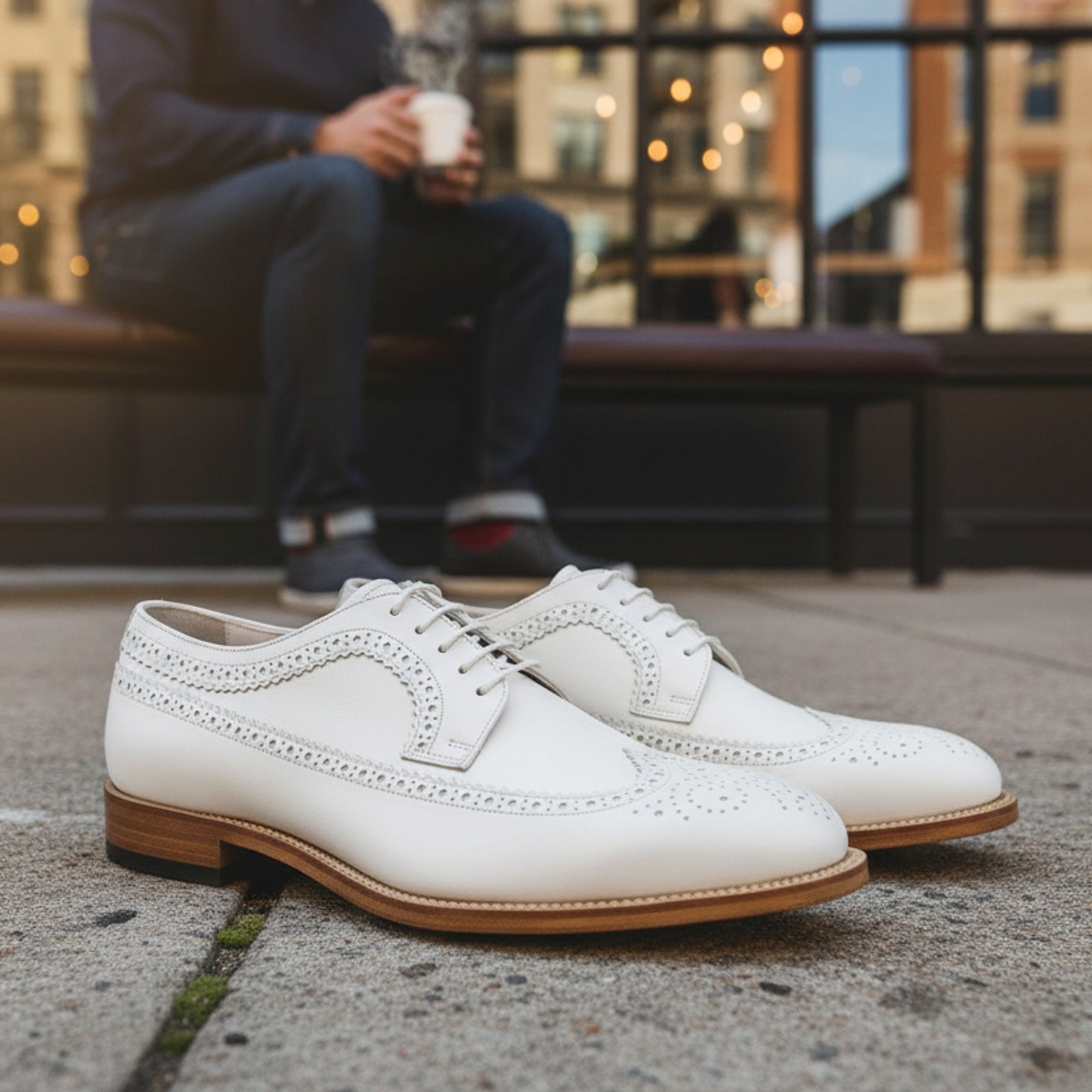Men's White Leather Wingtip Brogue Dress Shoes - model-casual-setting