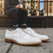 Men's White Leather Wingtip Brogue Dress Shoes - model-casual-setting