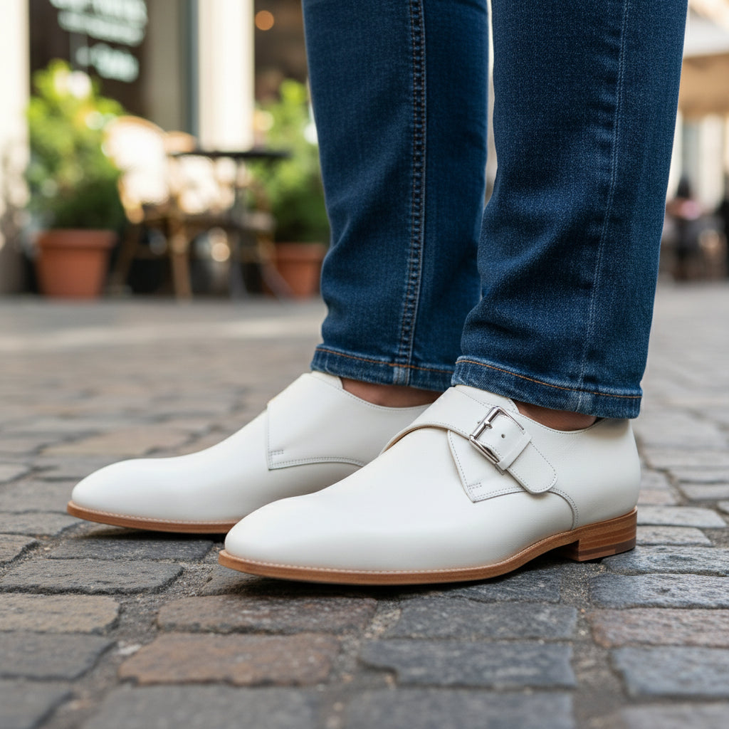 model-casual-setting - Men's White Monk Strap Leather Dress Shoes