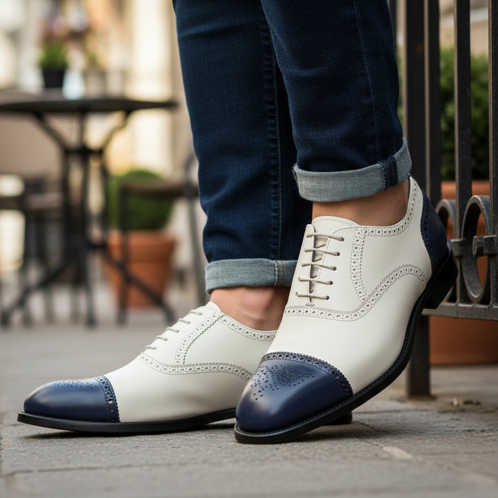 model-casual-setting - Men's White & Navy Blue Leather Oxford Brogue Shoes