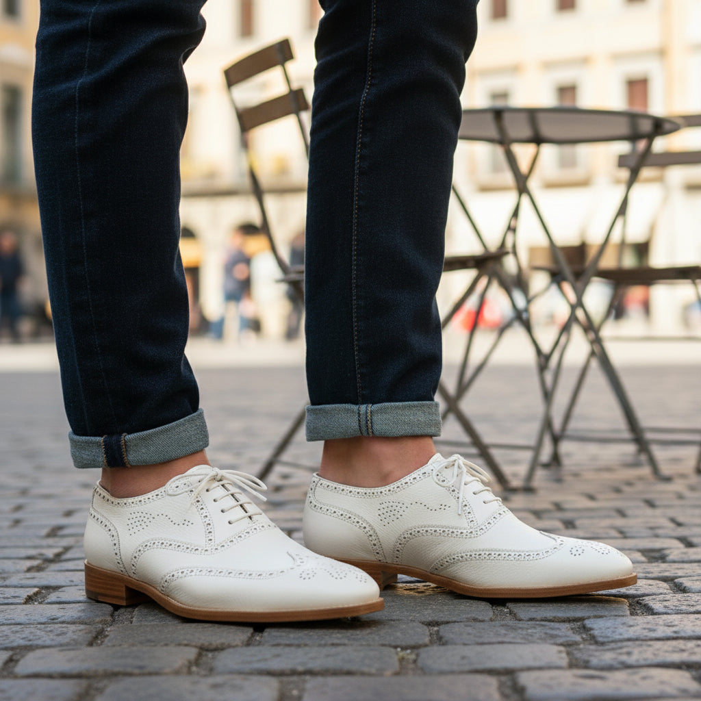 Men's White Wingtip Brogue Leather Dress Shoes - model-casual-setting