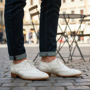 Men's White Wingtip Brogue Leather Dress Shoes - model-casual-setting