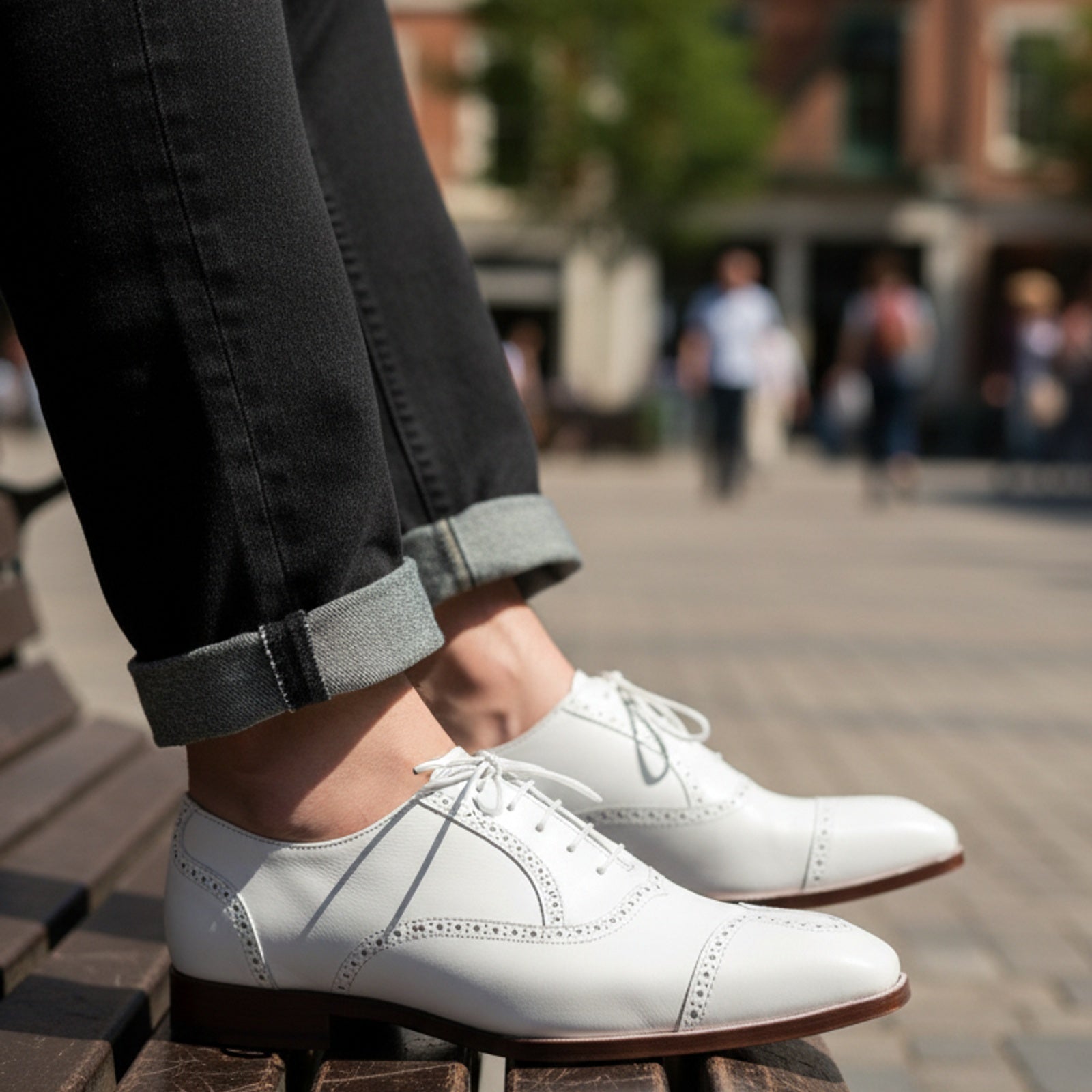 Men's White Wingtip Leather Party Shoes - model-casual-setting