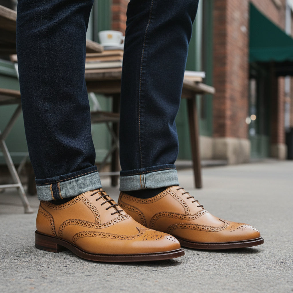 Men's Wingtip Brogue Leather Dress Shoes in Tan - model-casual-setting