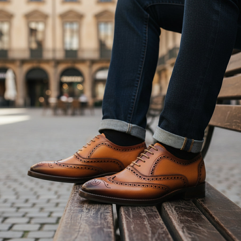 Men's Tan Leather Wingtip Oxford Dress Shoes - model-casual-setting