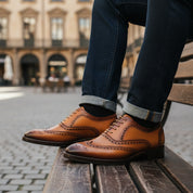 Men's Tan Leather Wingtip Oxford Dress Shoes - model-casual-setting
