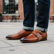 Tan Brown Monk Strap Leather Shoes with Buckle Closure - model-casual-setting
