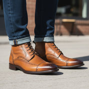 Tan Brown Wing Tip Brogue Ankle Boots - model-casual-setting