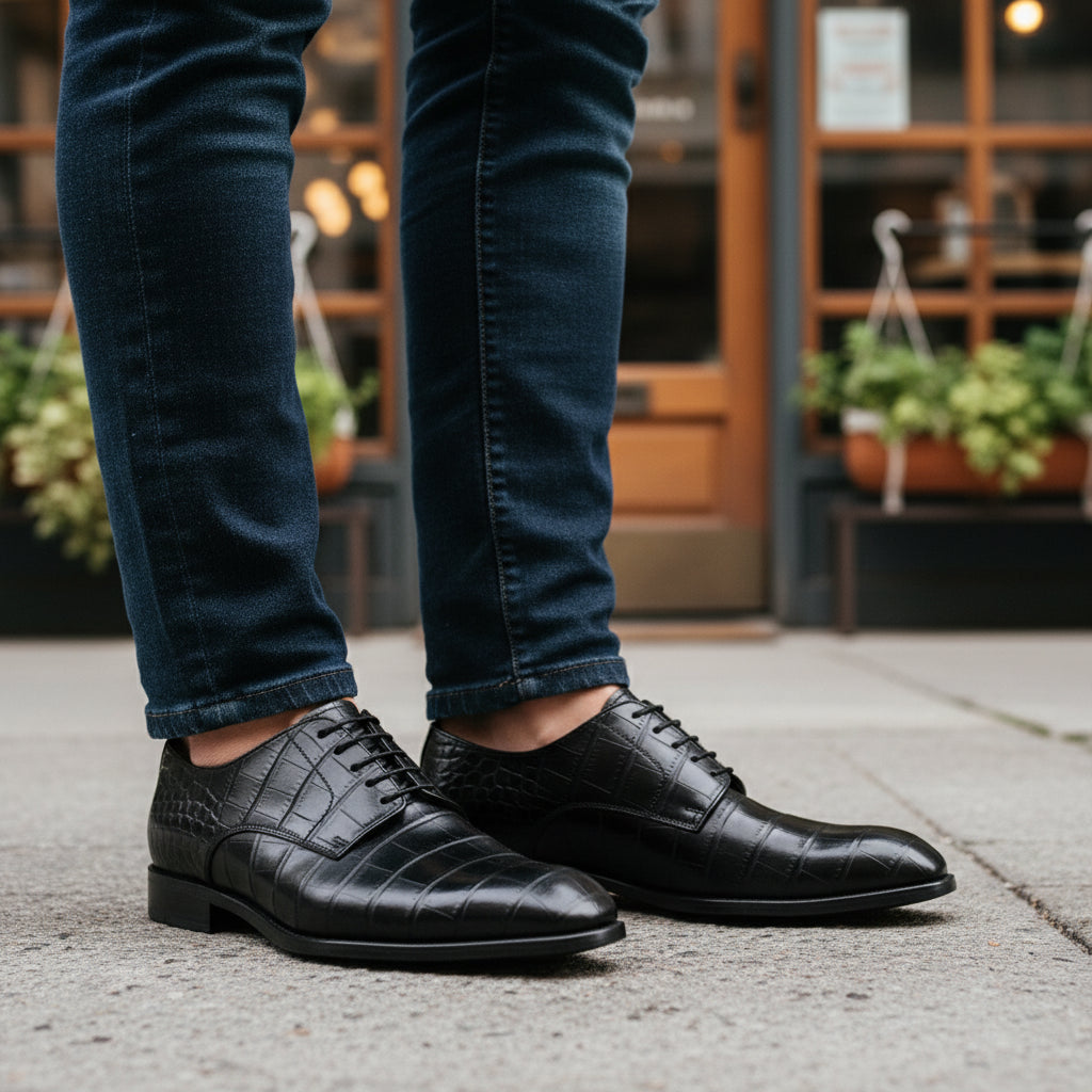 Men's Black Crocodile Leather Oxford Shoes - model-casual-setting