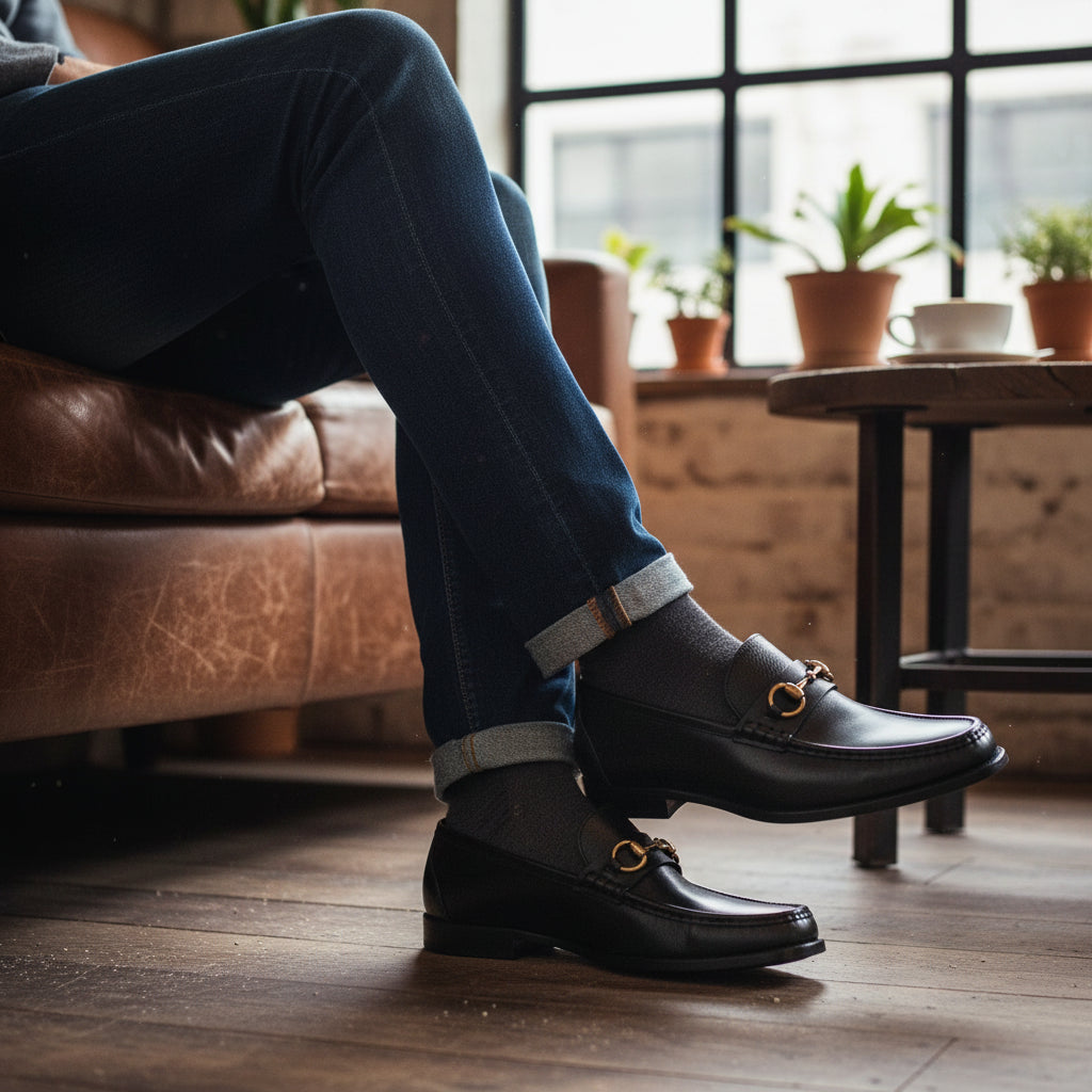 Men's Black Leather Buckle Loafer Shoes - model-casual-setting