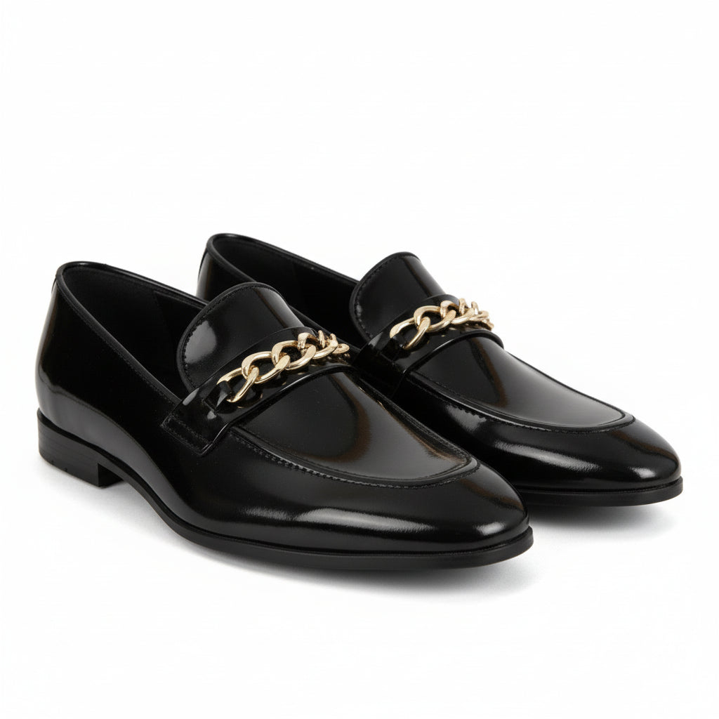 Men's Black Leather Loafers with Chunky Chain - model-casual-setting