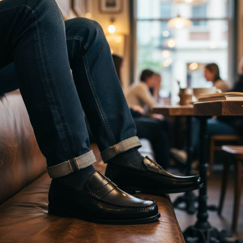 Men's Black Leather Penny Loafers - model-casual-setting