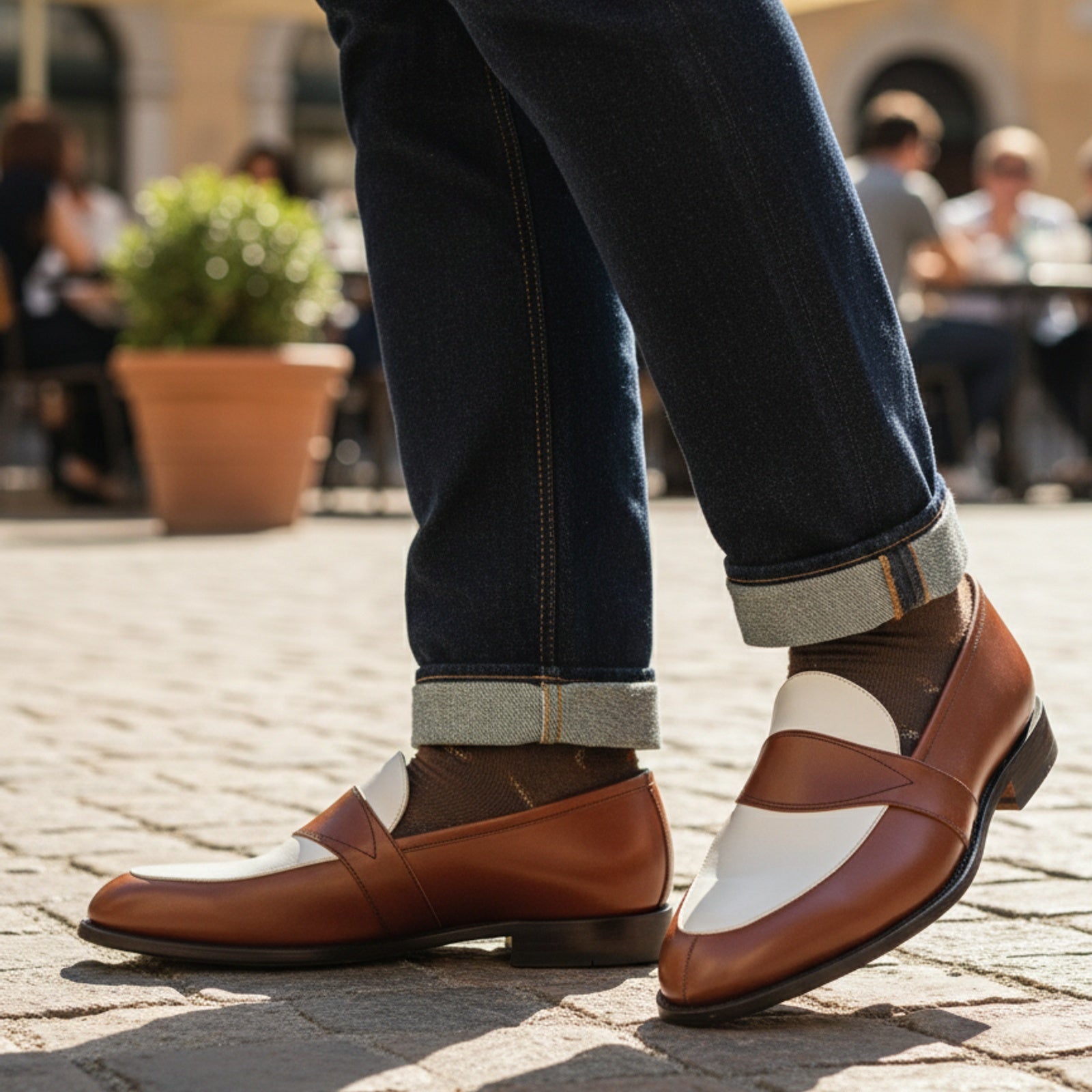 Two-Tone Leather Loafer Moccasins in Brown and White - model-casual-setting