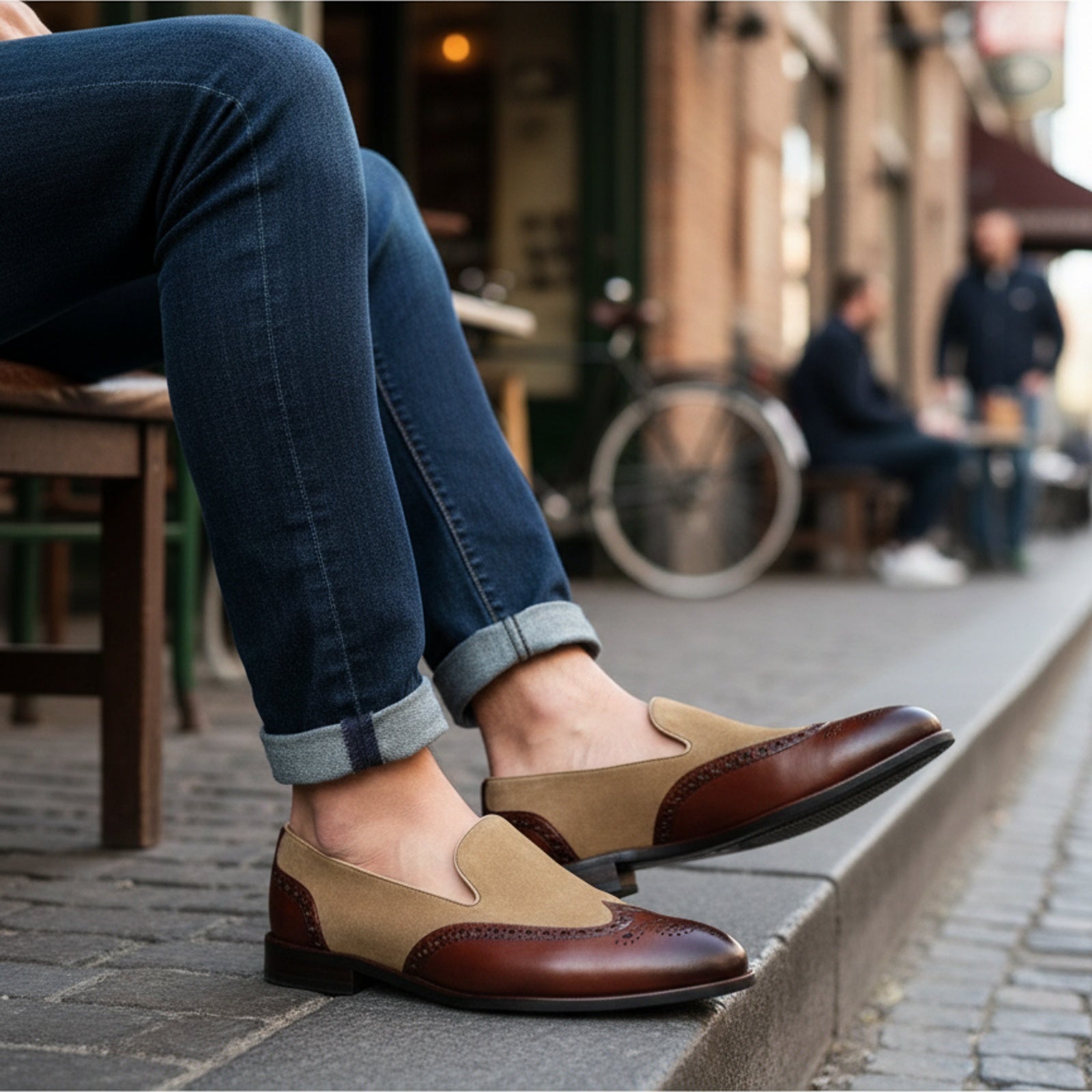 Two-tone Wingtip Brogue Moccasins in Suede and Leather - model-casual-setting
