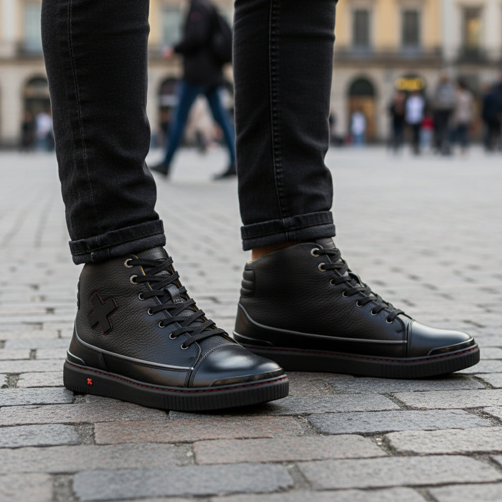 model-casual-setting - Unisex Black Leather Biker Sneakers