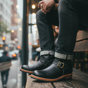 Western Cowboy Boots with Vintage Buckle and Square Heel - model-casual-setting
