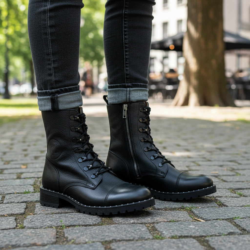 model-casual-setting - Women's Handmade High Ankle Genuine Leather Biker Boots