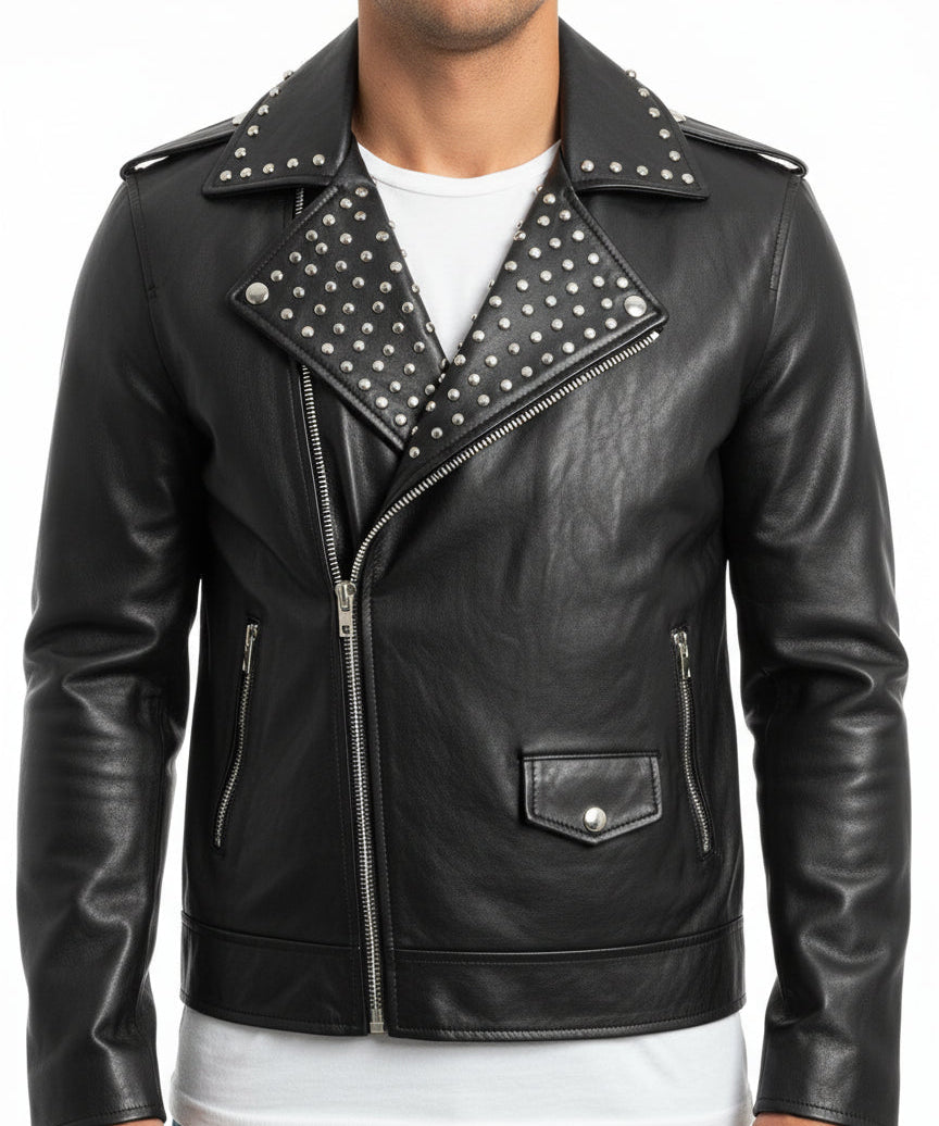 model-front-closed - Fashion Leather Silver Studded Real Soft Leather Biker Style Jacket For Men
