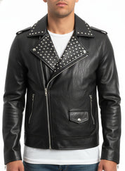 model-front-closed - Fashion Leather Silver Studded Real Soft Leather Biker Style Jacket For Men