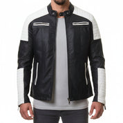 model-front-closed - Handmade Mens black and white slim fit biker jacket, Men leather Jacket