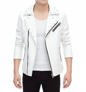 model-front-closed - Handmade Mens Fashion White Biker Jacket, Mens White Studded belted Jacket