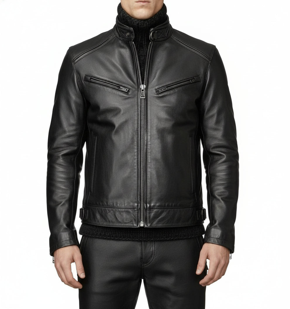 model-front-closed - Men black Leather Motorcycle Jacket, Black biker leather Jacket